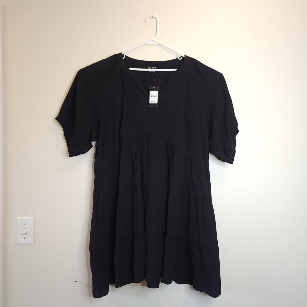 City Chic Kara Dress Women L Black Tiered Mini V-Neck Short Sleeve 00220981